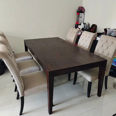 Solid Wood Dining Table with 6 Upholstered Chairs - Dark Finish 200x105