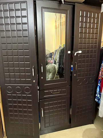 Dark Brown 3-Door Wardrobe with Mirror — Good Condition