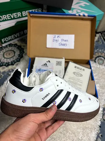 White Adidas Samba with Black Stripes and Purple Flower Embroidery - Size 37