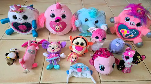 Assorted plush toys collection — Hatchimals, Squishmallows  more (12 pcs) all for 100aed