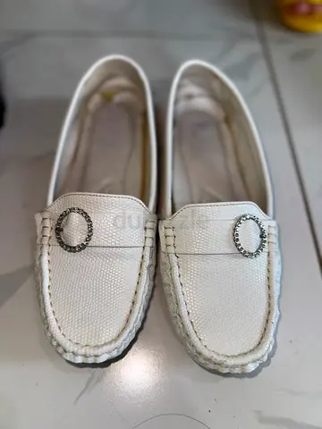 Cream Textured Loafers with Embellished Buckle