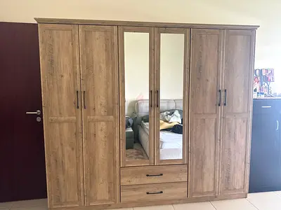 Large 6-Door Wooden Wardrobe with Mirrors and Drawers