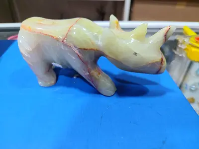 Hand-carved Green Onyx Rhinoceros Figurine - Small Decorative Sculpture - 13cm