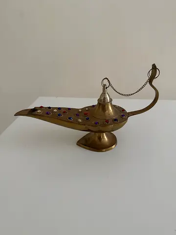 diollo Brass Aladdin Chirag Genie Lamp Burner Beaded with Colored Gem Accents