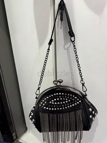 Black Studded Shoulder Bag with Chain Fringe Detail