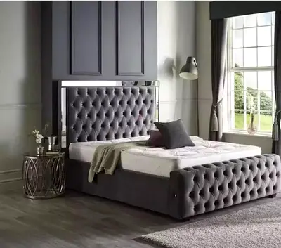Gray Tufted King Bed with Upholstered Headboard and Footboard