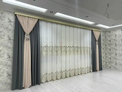 Full-length Dual Layer Curtains with Sheer Lace Panel — Grey and Beige