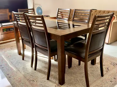 Solid Wood 6-Seater Dining Table with Glass Inset and Chairs