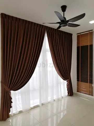 Brown blackout curtains with sheer liners + wooden blinds (set)