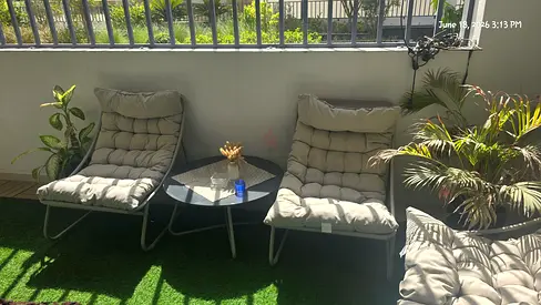 Outdoor lounge chairs set with side table — 2 cushioned chairs