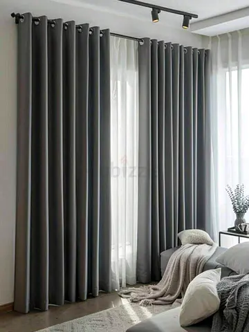 Grey Eyelet Blackout Curtains - Pair, Modern Floor-Length