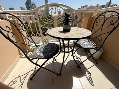 Etsy- Vintage - Moroccan  - Wrought Iron Mosaic Bistro Chair -and table  Black Frame, Grey Tile Seat
