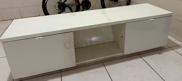 Low White TV Cabinet with Sliding Doors - Modern, Good Condition