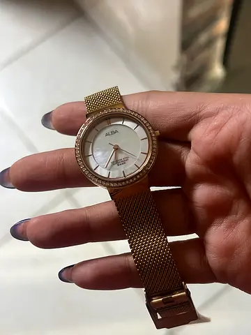 Rose gold womens Alba wristwatch with mesh strap and crystal bezel