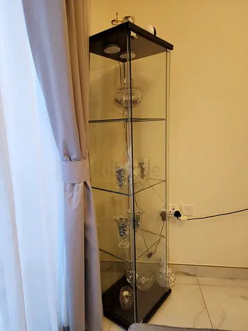 Glass Display Cabinet with Black Frame and Shelves