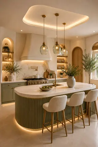 Modern kitchen island with marble countertop and seating — ready to use