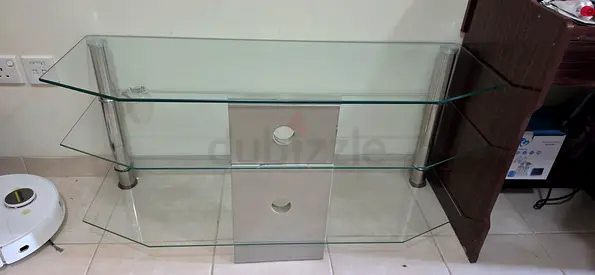 Glass TV Stand with 3 Shelves and Metal Supports - Good Condition