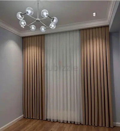 Pair of Beige Full-Length Blackout Curtains with Sheer White Voile
