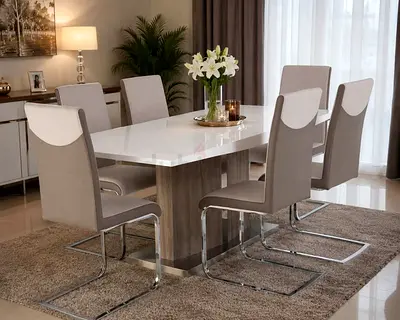 Modern 6-Seater Dining Table with Sleek Chairs - White Gloss Top