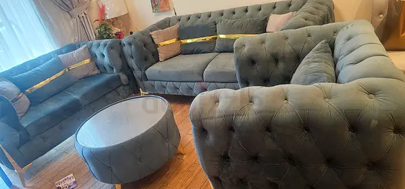 Grey Velvet Chesterfield Corner Sofa Set with Ottoman - Excellent Condition
