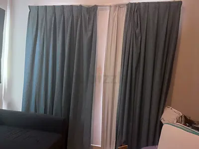 Blue/green blackout curtains set with white sheer liner - excellent condition and including the rail