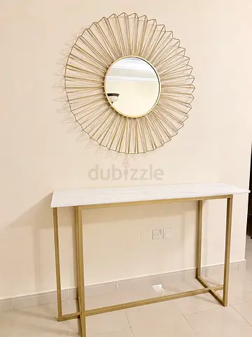 Set of 2 genuine Marble-Top Console Tables  comes with a FREE wall mirror  clock
