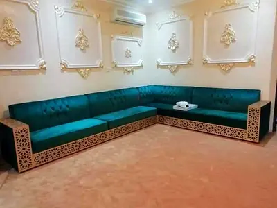 L-shaped Arabic Majlis Sofa - Deep Green Velvet, Wooden Carved Base