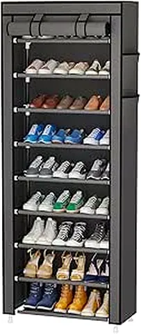 Tall 10-Tier Covered Shoe Rack Cabinet – Black, Slim Organizer