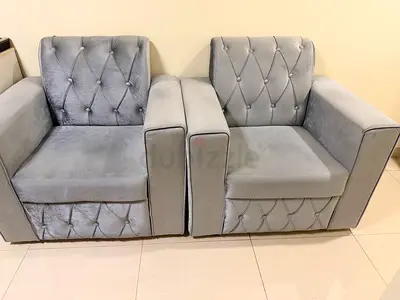 Pair of Grey Velvet Armchairs with Button Tufting