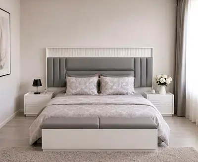 Modern King Bed with Upholstered Headboard + Matching Nightstands + soft mattress included + bench