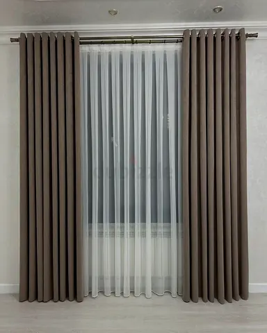 Pair of Brown Blackout Curtains with White Sheer Panel - Ready to Hang