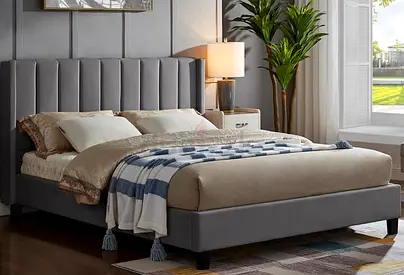 Modern Grey Upholstered Bed with Channel Tufted Headboard