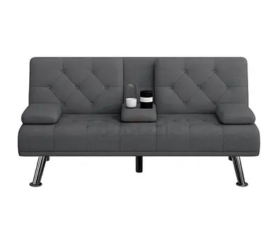 Modern Gray Fabric Sofa Bed with Cup Holder