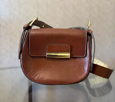 Massimo Dutti Brown Leather Crossbody Saddle Bag with double faced snake print strap