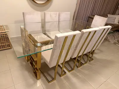 Home Centre Tempered Glass Dining Table with FREE 8 Velvet Chairs and FREE wall shelfhanger