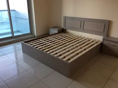 King size wooden bed frame with mattress and headboard and 2 bedside tables - light grey 180 x 210