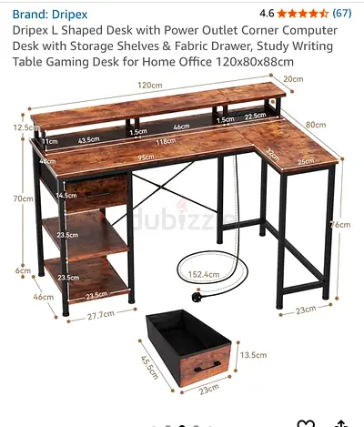 L-shaped Wooden Computer Desk with Shelves and Fabric Drawer