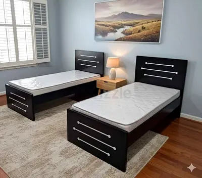 Brand New Pair of single wooden beds with mattresses – dark finish