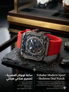 Tubular Modern Sport Skeleton Dial Watch with Red Strap