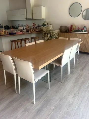 Solid Wood Dining Table with 8 Modern leather White Chairs