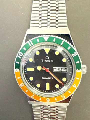 Timex Quartz Mens Watch with Green/Orange Bezel, Day-Date