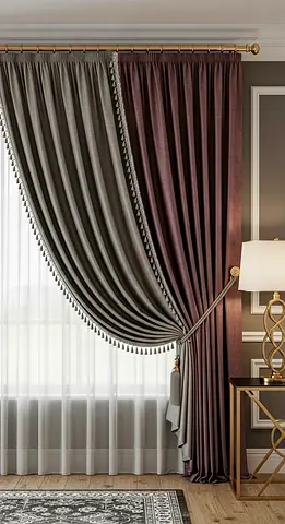 Two-tone heavy drape curtains with sheer liner - set of panels