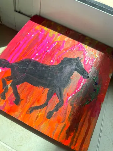 Original Acrylic Painting of Black Horse on Vibrant Orange-Pink Background