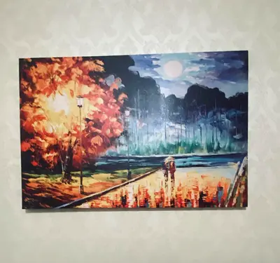 Framed Autumn Park Painting — Canvas Wall Art (Couple under Moonlight)