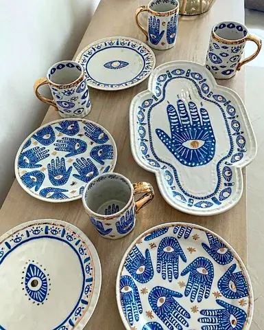 Evil eye/hand serveware Set (Teacups, dessert plates, platter) - Brand New Anthropologie Los Angeles