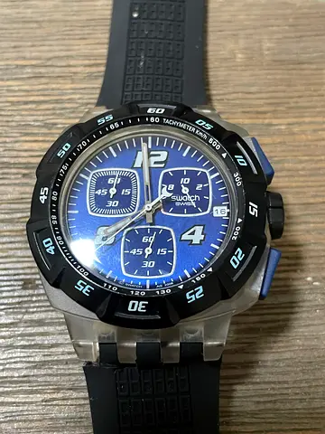 Swatch Mens blue chronograph sports watch with rubber strap