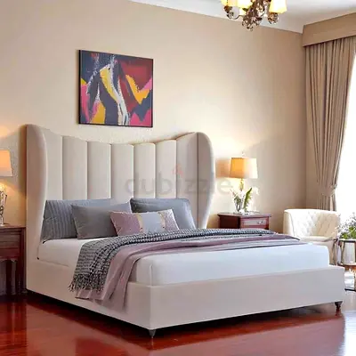 Queen/King upholstered bed with tall winged headboard - cream