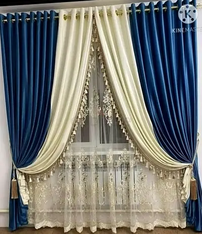 Blue and Ivory Double-Layer Curtains with Sheer Lace Panel