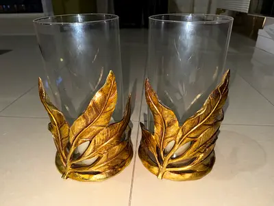 Pair of Glass Candle Holders with Gold Leaf Metal Bases