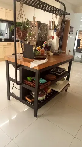Ikea Solid Wood Top Kitchen Island with Metal Frame and Storage Shelves
